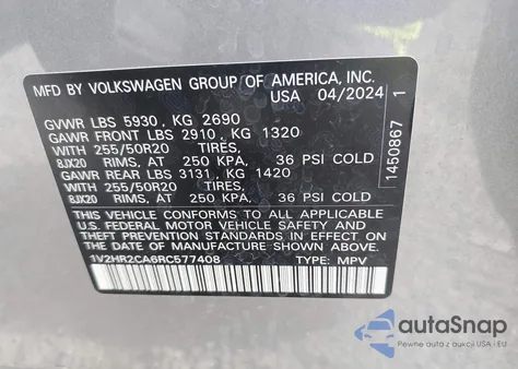 2024 Volkswagen Atlas 2.0T Se W/Technology из США, поврежденный, VIN 1V2HR2CA6RC577408